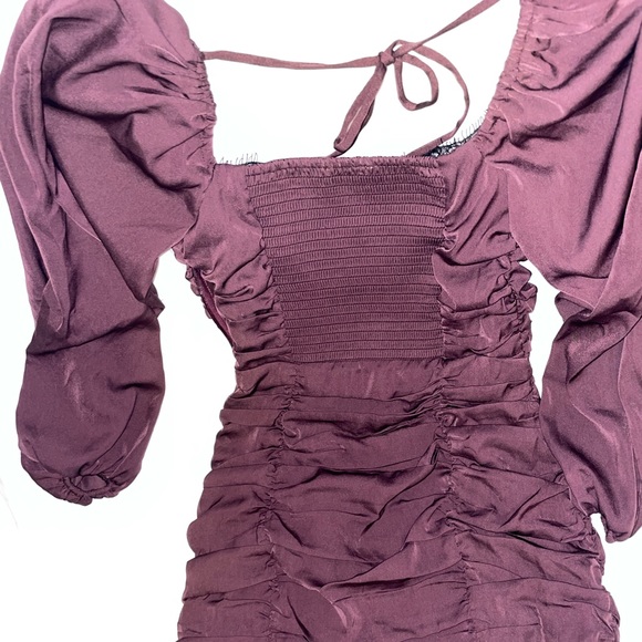 Lace Trimmed Ruched Mini Dress - Eggplant - Picture 10 of 12